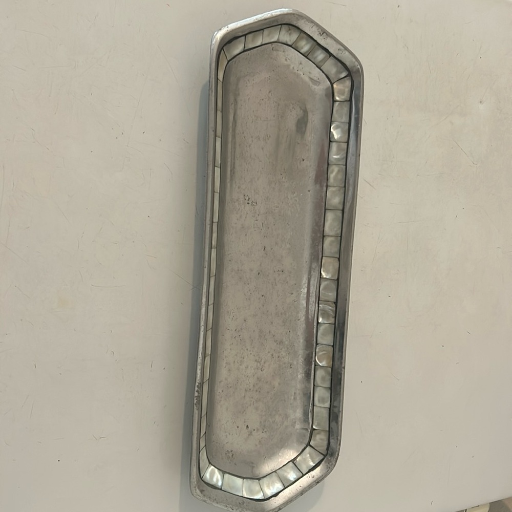 15”x5” aluminum with mother of pearl detail all around tray. Used but beautiful!